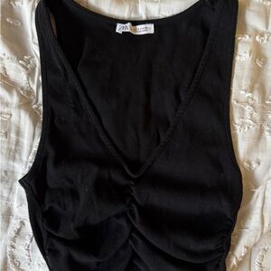 Zara Size S Black Ribbed Ruched V-Neck Tank